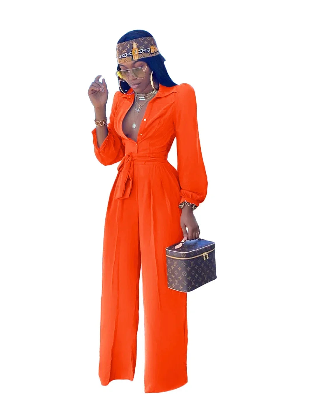 Maxy Summer African Clothes for Women Long Sleeve V-neck Blue Black Orange Party Evening Jumpsuit Dashiki Clothing