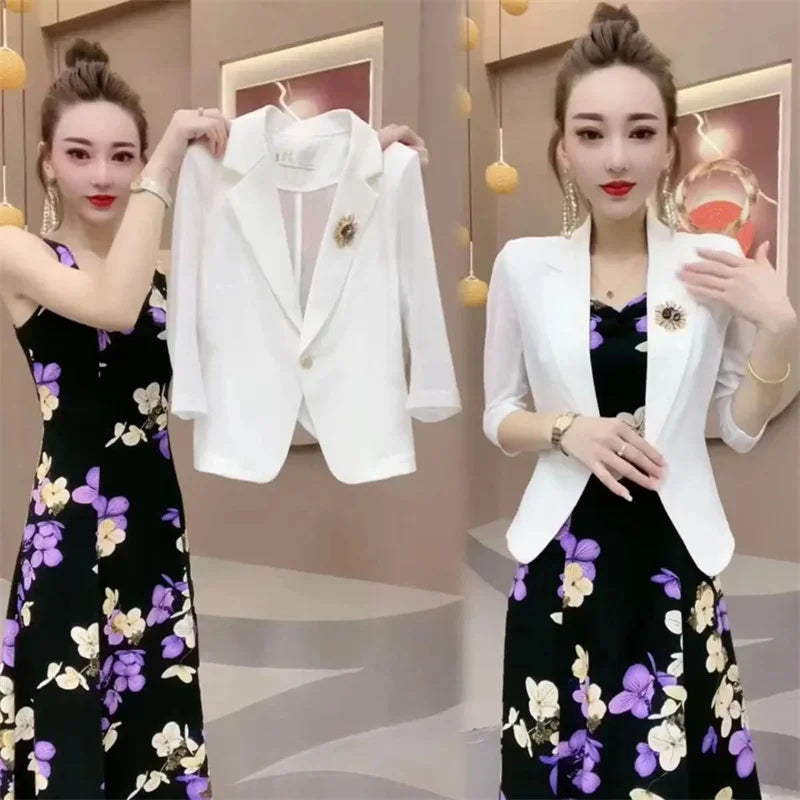 Maxy Popular High-End Brooch Blazer Slip Dress Suit Jacket Women's Summer Fashion Blazer Suit Skirt Two-Piece Set Sling Print Dress