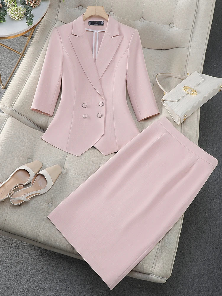 Maxy Fashion Women Formal Blazer Skirt Suit Ladies Blue Apricot Pink Female Two Piece Set For Spring Summer