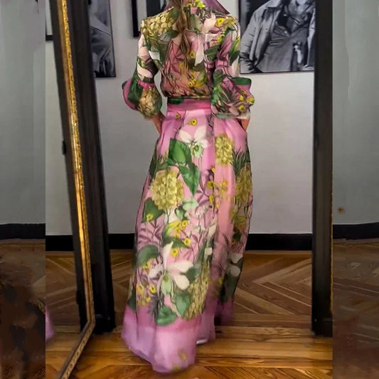 Maxy Casual Lapel Lantern Sleeve Shirt + Long Skirt Suit Fashion Lace Up Party Outfit Elegant Pattern Print Autumn 2 Piece Sets