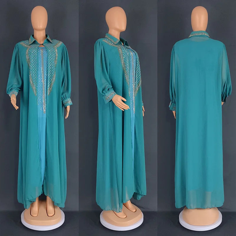 Maxy 2 Piece Set African Dresses for Women Evening Dress Diamonds Party Gown Dubai Abaya Kaftan Chiffon Wedding Outfit