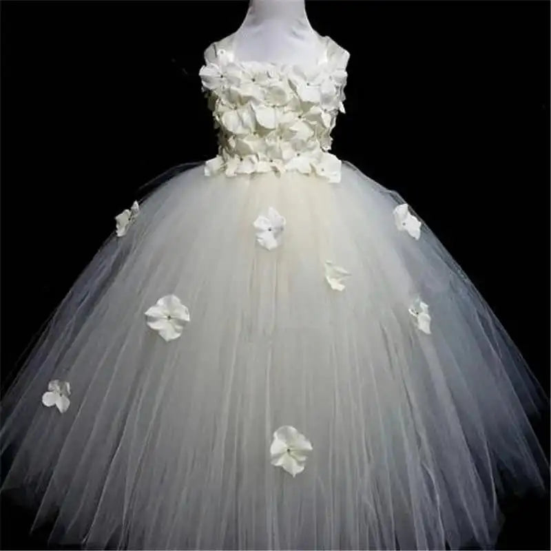 Maxy Girls black Flower Petals Tutu Dress Kids Crochet Tulle Dress Ball Gown Children Birthday Wedding Party Costume Evening Dress