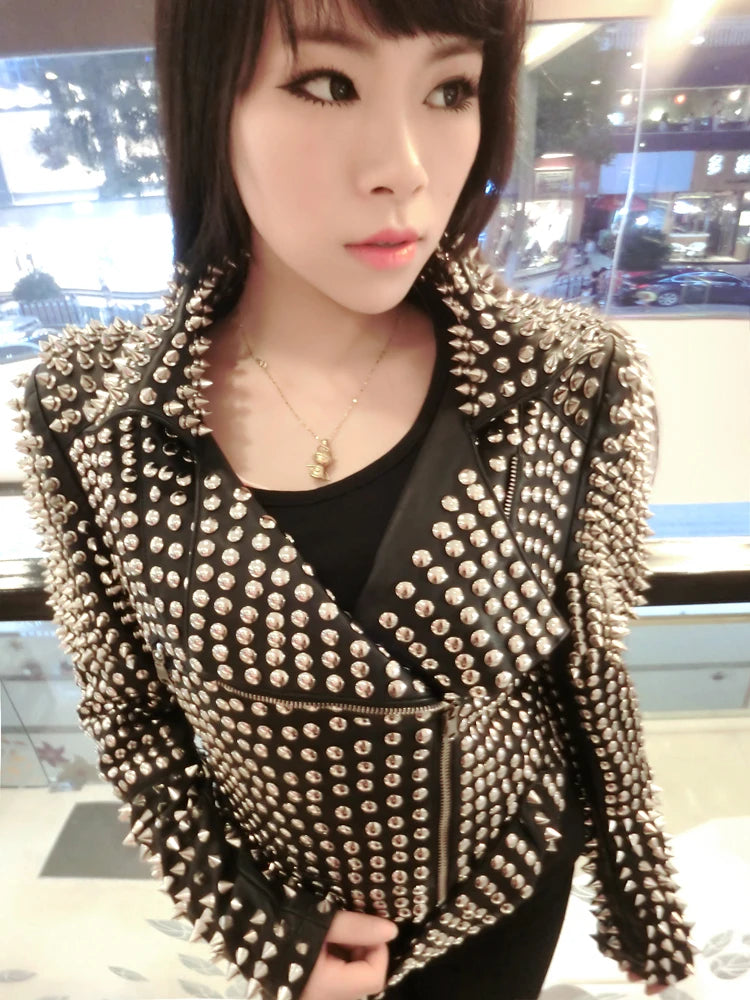 Amay Full Rivet Punka Rock Music Festival Stage Show Full Metal Sequined Motobike Industrial Heavy Leather Jacket Cool Chic Singers