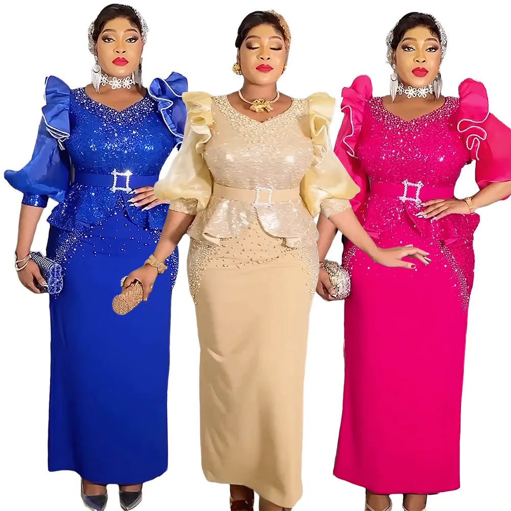 Maxy Dresses for Women Plus Size Ankara Dashiki Africa Clothing Sequin Evening Wedding Party Gown Abaya Turkey Kaftan Outfits