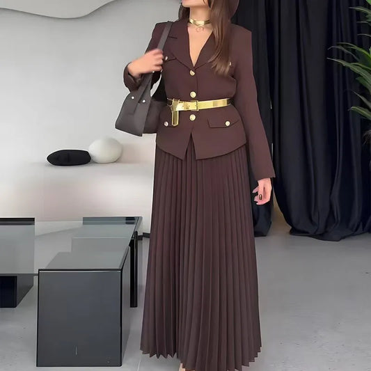 Amay Elegant Women Two Pieces Set Single-breasted Lapel Jacket Coat Belt Pleated Midi Skirt Suit office Lady New In Matching Set