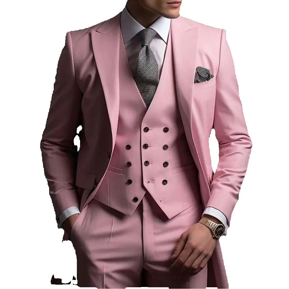 Visco High Quality Pink Men Suits Single Breasted Peak Lapel Customized Wedding 3 Piece Jacket Pants Vets Full Sets Costume Homme