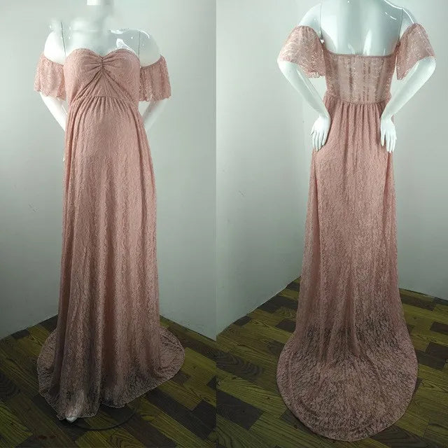 Maxy Pregnant Women Off Shoulder Ruffle Sleeve Lace Maternity Gown Maxi Photography Dress Elegant Pregnancy Dresses for Photo Shoot