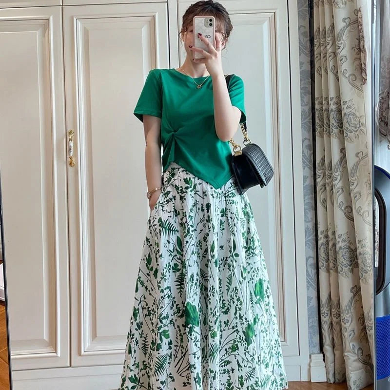 Maxy Women's Summer Chic Print Midi Skirts Green Short T Shirts Two Piece Set New Lady Fashion Pleat Tops Skirt Outfits