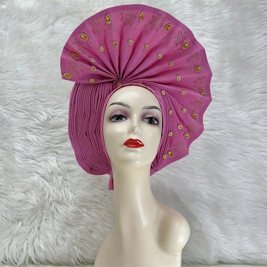 Maxy Luxury African Women’s Sego Head tie Crystal Stone Aso Oke Gele Aso Ebi Already Made Headtie Turban Cap Women Head Wear