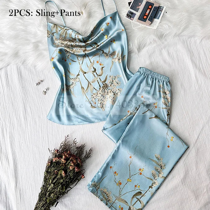 Max Four Pieces Pajamas Set Printed Little Cherry Sleepwear Women Satin Nightgown With Suspender Sling Shorts Summer Home Clothes