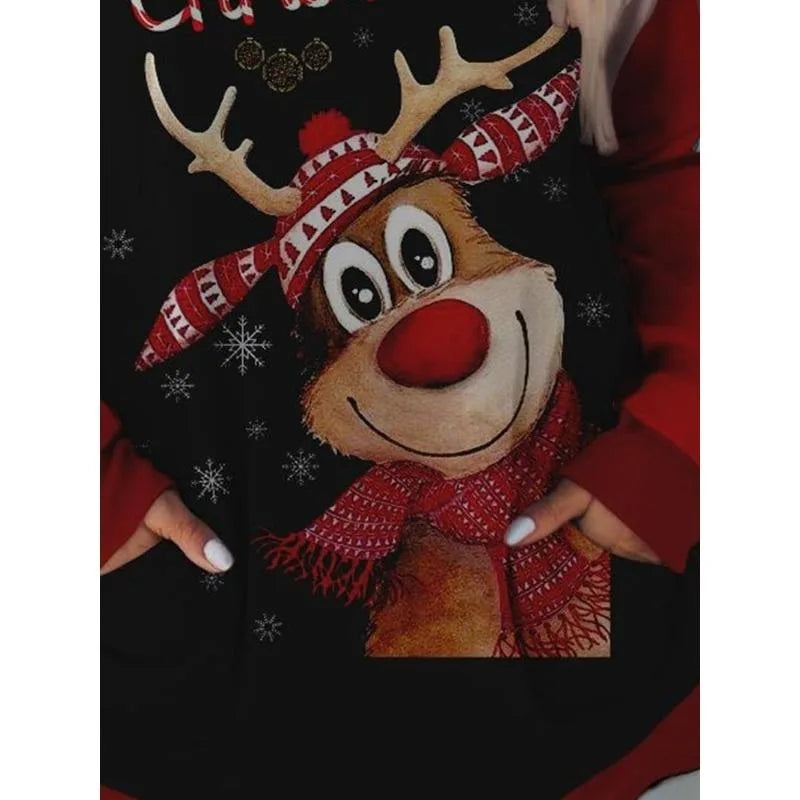 New Fashionable Hot Selling Plus Size Women's Christmas Print Colour Blocking Comfortable Sweatshirt with Pockets