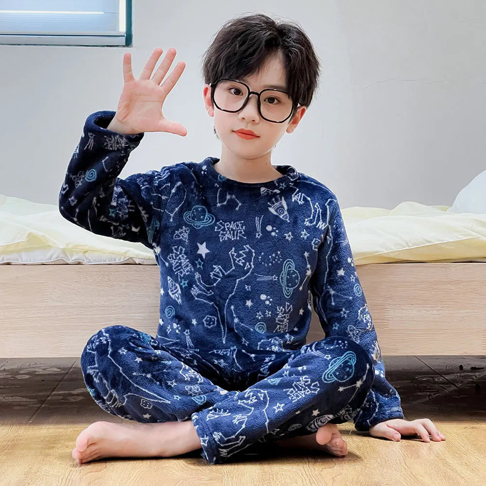 Maxy New 2024 Autumn Winter Kids Thick Warm Flannel Pajama Sets Baby Boys Girls Cartoon Long Sleeve O-neck Clothing Sleepwear Pyjamas