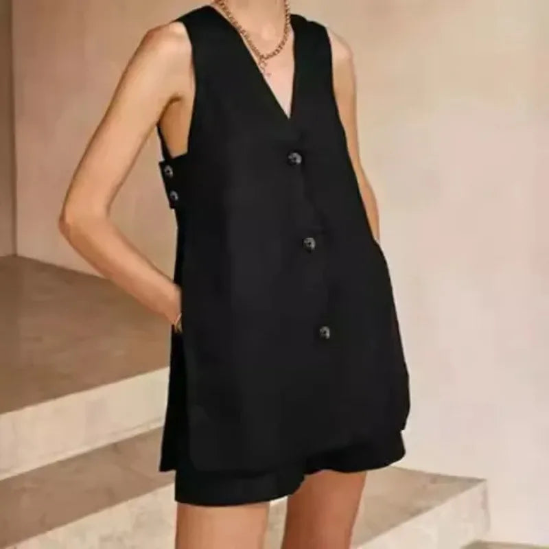 Maxy New 100% Cotton Women Suits 2 Pieces Sets V Neck Sleeveless Buttons Vest Blazer+High Waist Shorts Lady Office Tracksuit