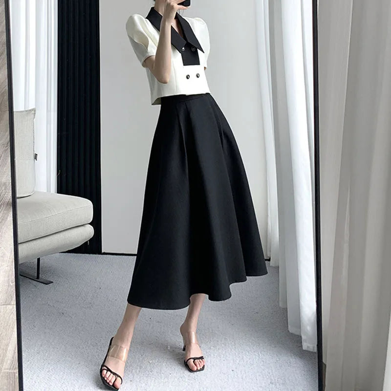 Babs French Elegant Two Piece Sets Vintage Office Lady Puff Sleeve White Crop Top + A Line Black Midi Skirts Suit Retro Summer Outfit