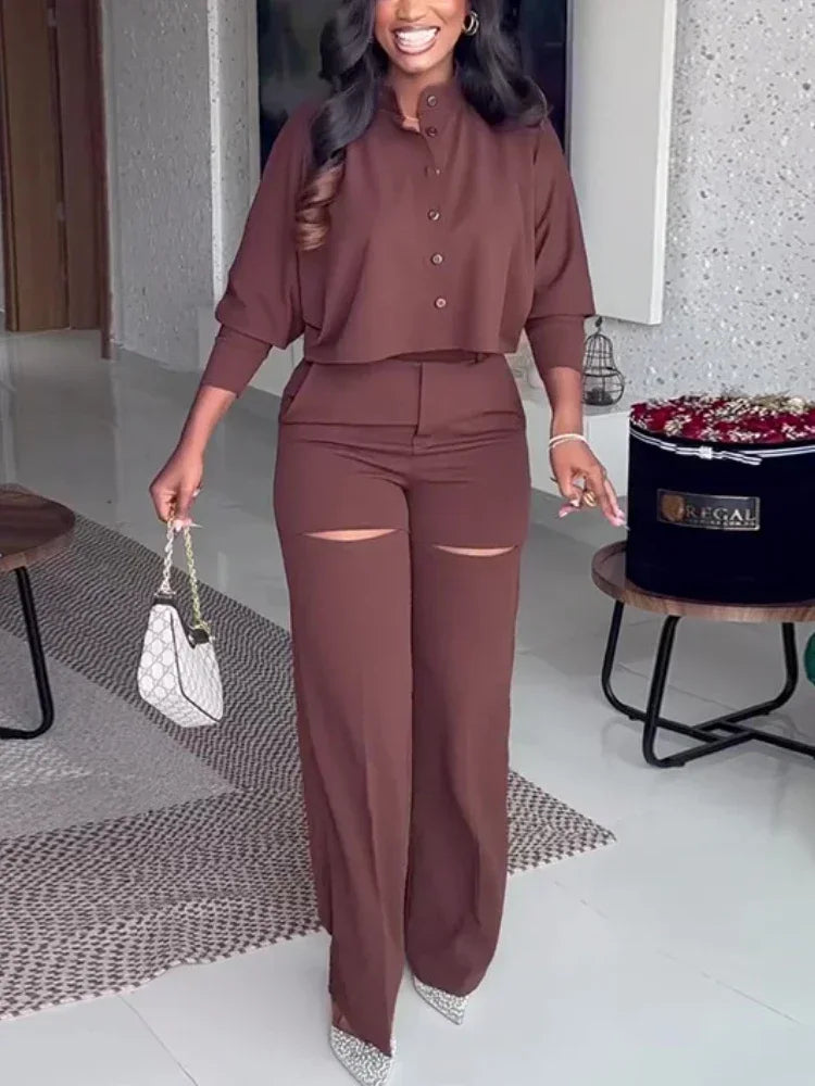 Women Fall Pant Sets 2 Piece Outfits Elegant Buttons Up Cropped Shirt Tops and Thigh Slit Straight Pants Office Lady Suits Brown