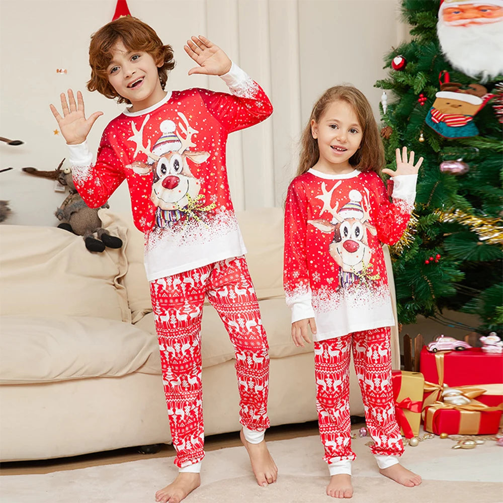 Maxy Christmas Family Matching Pajamas Set Father Mother Kids Red Cartoon Elk Print Sleepwear Adult Boys Girls Homewear Baby Rompers