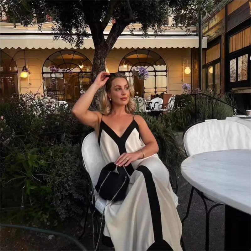 Maxy New Patchwork Sling Dress Women Sexy Summer V-neck Midi Beach Dresses Female Backless Sleeveless Vacation Long Dresses