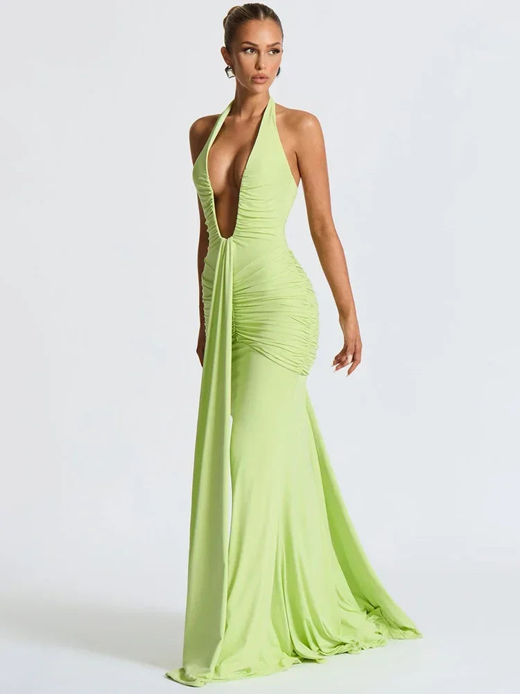 Maxy Deep V Neck Backless Sexy Maxy Dress Women Gown Summer Halter Sleeveless Draped Club Party Long Dress