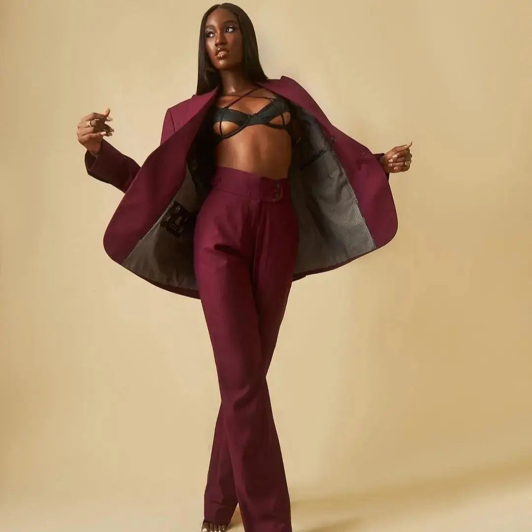 Maxy Classic Women Burgundy Suits Custom Made Peaked Lapel Loose Over Size Blazer Streetwear Outdoor Casual Daily Coat 2 Pieces