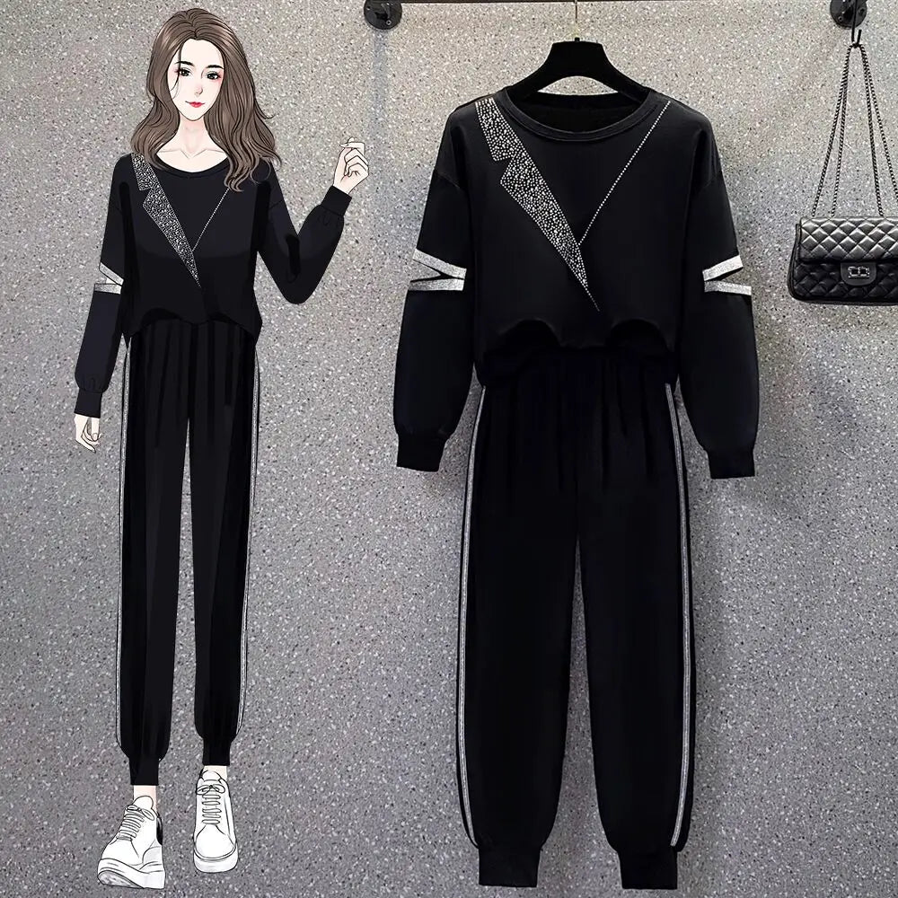 Babs sportswear women two-piece suit Autumn casual loose sports Tracksuit Diamond sweatshirt casual pants fashion 2 piece sets