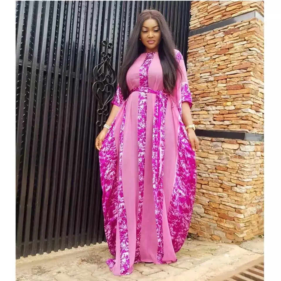 Maxy Abaya For Women Muslim Chiffon Printed   Bat-Sleeve Stripe Long Dresses With Belt Summer Gorgeous Dashiki  Dress