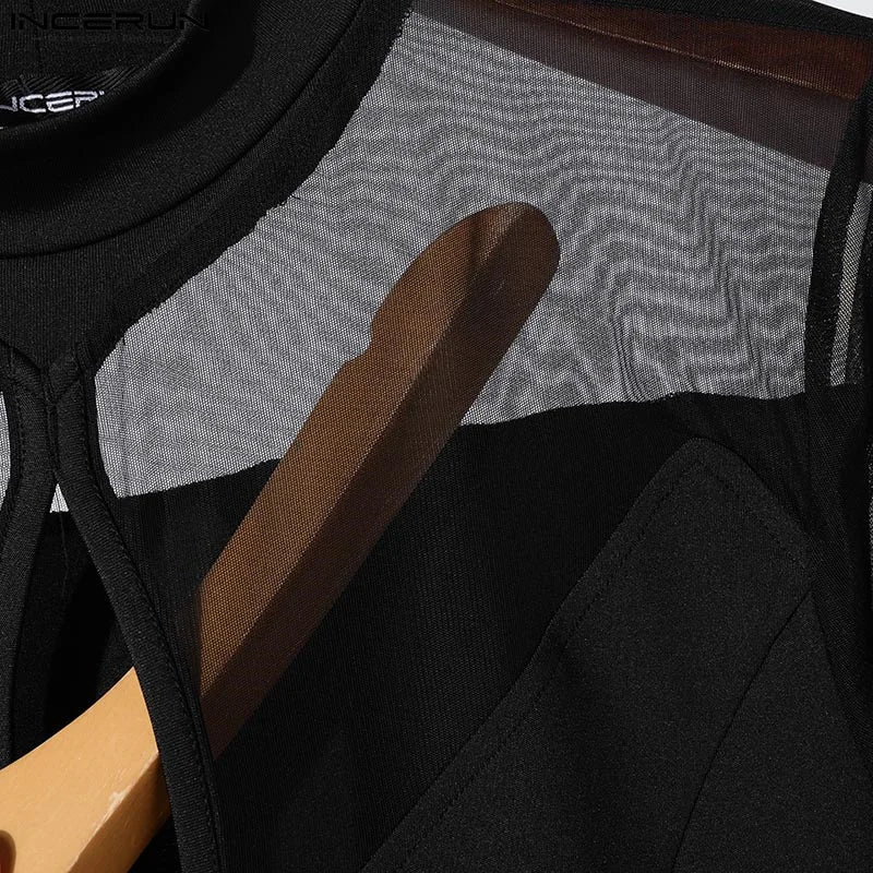 Amay Handsome Mesh Splicing T-shirt Men Long Sleeve Stand Collar Camasta Solid Color Fashion Hollow Design Knitted Tops