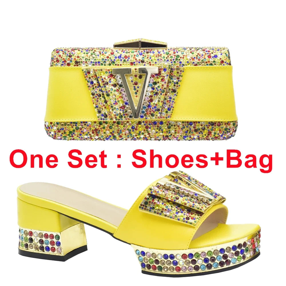 Maxy Ladies Shoes and Bags To Match Set Decorated with Rhinestone Shoes and Matching Bags Set Slip on Shoes for Women