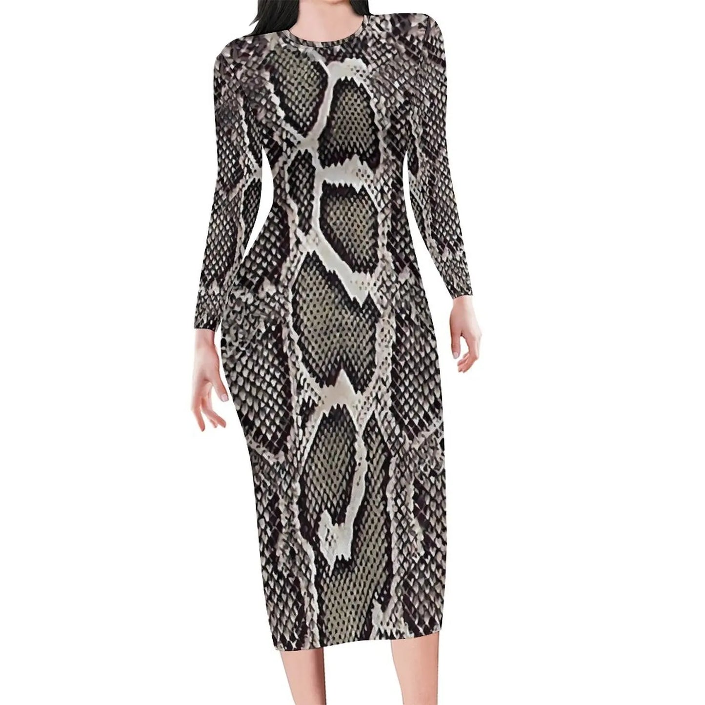 Amay Snakeskin Bodycon Dress Ladies Pink Snake Print Kawaii Dresses Autumn Long Sleeve Street Fashion Custom Dress Big Size 4XL 5XL