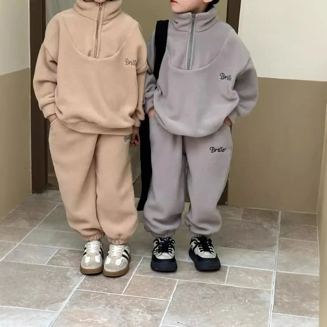 Maxy Autumn Winter Baby Kids Fleece Tracksuit Boys Girls Velvet Sweatshirt and Pants Two Piece Sets Children Sports Set