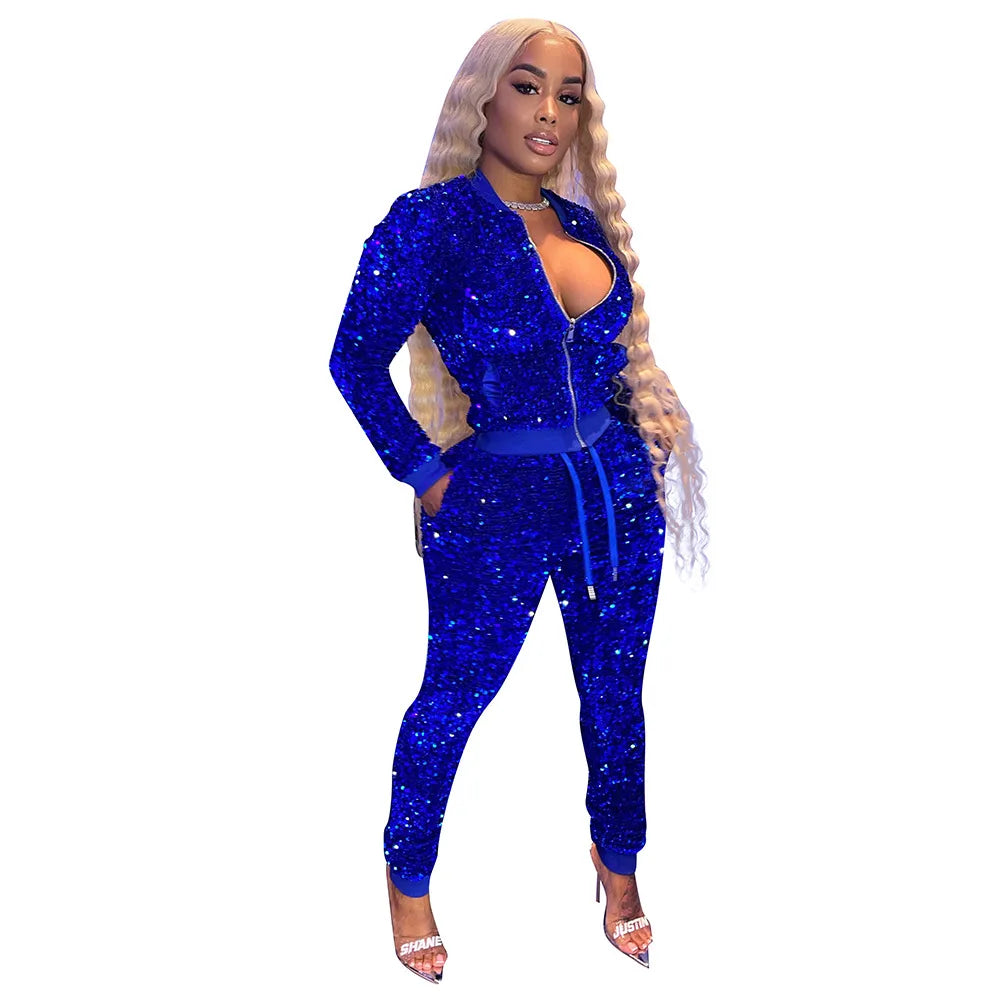 Sequin Women 2 Piece Set Solid Velvet Zipper Fly Crop Jacket High Waist Skinny Jogging Pants Matching Set 2022 Autumn Tracksuits