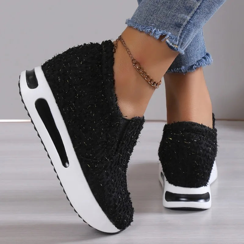 Maxy Elevated Inner Casual Sneakers Women Thick Soles Single Shoes Shallow Cut Round Toe Single Shoes Fashion Gold Riband Shoes