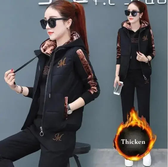 Women 3 Piece Set  Suit Tracksuit Winter Hoodies+Vest+Pants Track Suit Plus Velvet Warm Sporting Suits Female Clothes