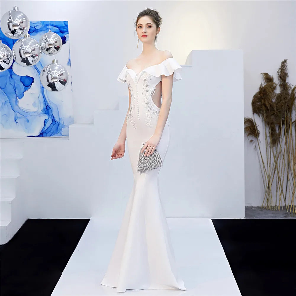 Maxy Customized Women's Elegant V Neck Floral Ruffle One Shoulder Evening Formal Maxi Gown Mermaid Bodycon Party Prom Wedding Dress