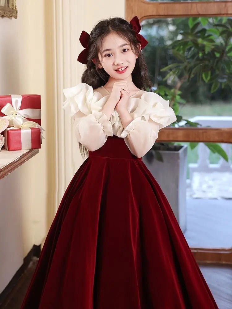 Wedding Flower Kid Elegant Costumes Christmas Party Children Formal Burgundy Long Dresses Teen Girls Birthday Gala Fashion Dress