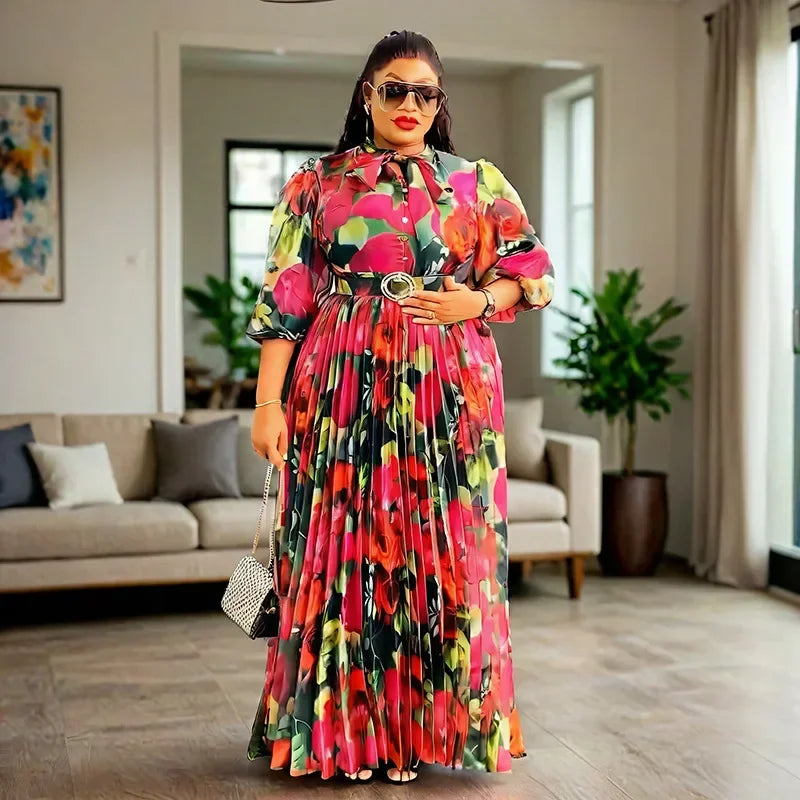 Maxy Plus Size Print Dresses Autumn Elegant 3/4 Sleeve Party Evening Long Dress Gowns Dashiki African Clothes