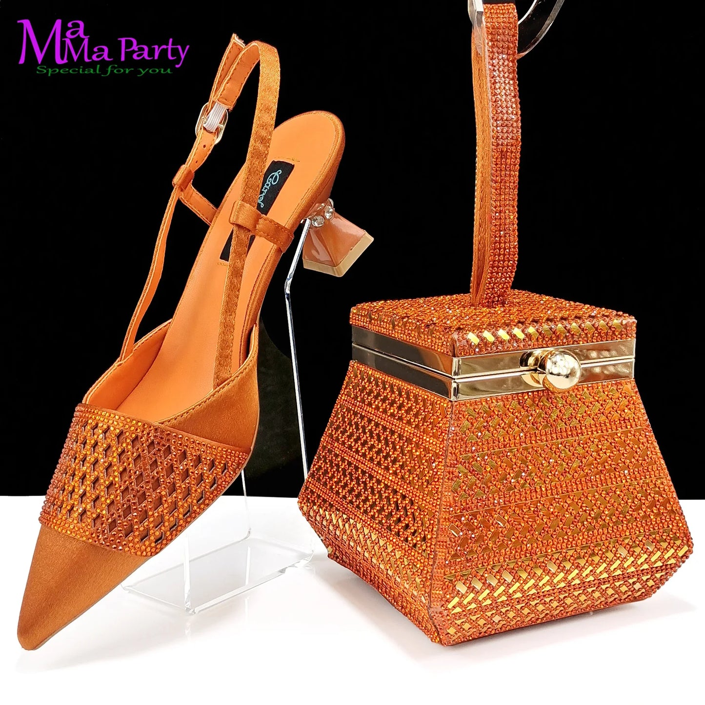 Maxy Orange Color Fashion Elegant Style African Women Shoes Matching Bag Set Special Design Pointed Toe Comfortable Heels for Party