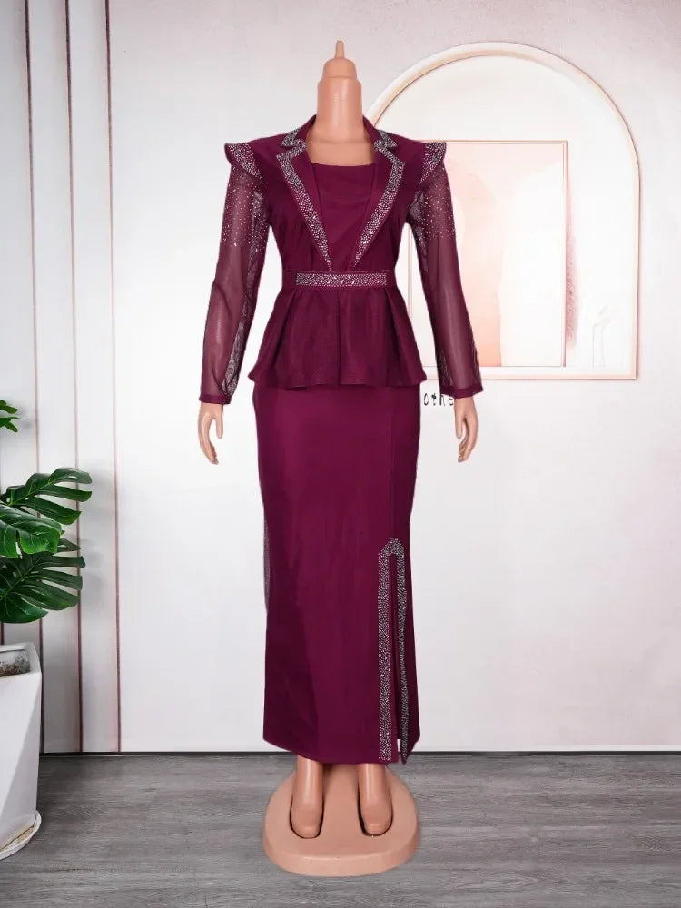 Maxy Luxury African Dress for Women Elegant Square Neck Diamond Full Sleeve Belt Waisted Side Split Floor Length Birthday Dress