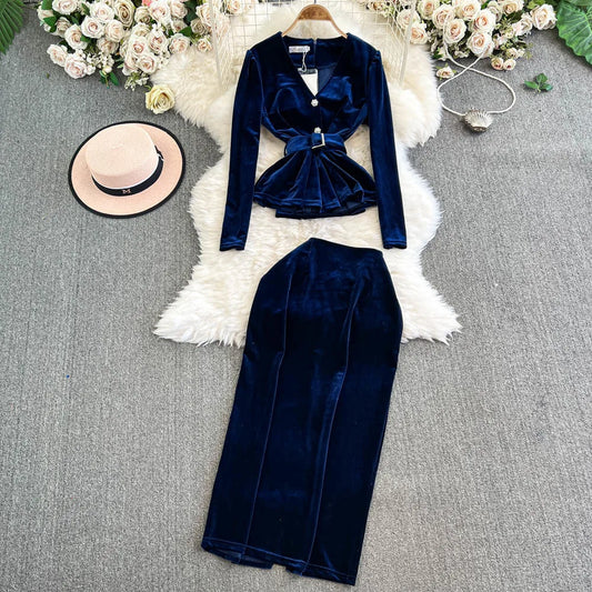 Maxy Elegant Black Velvet Skirt Suits for Women V-Neck Long Sleeve Casual Tops + High Waist Skirt Two Pieces Set Female Outfits New