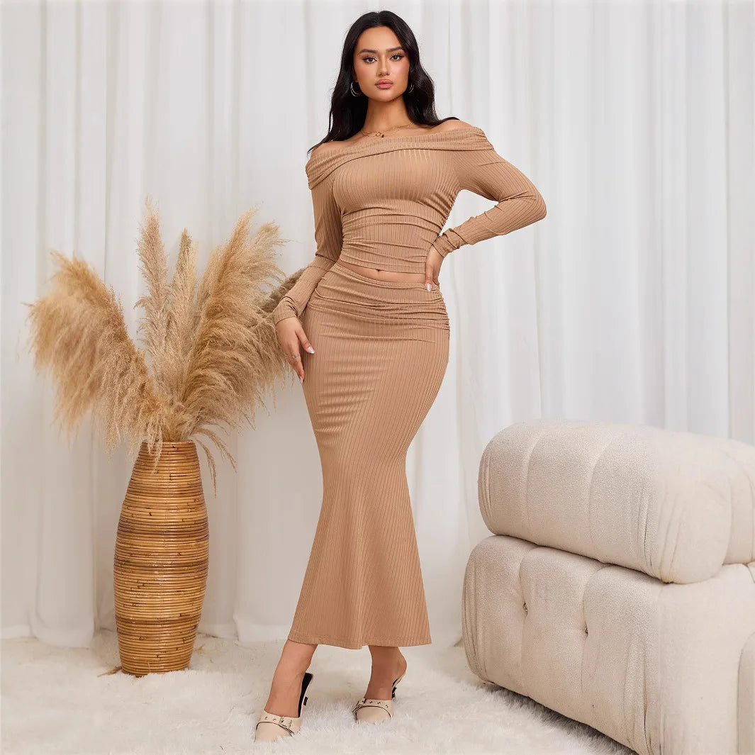 Women's Cold Wind Queen Fashion Set One Shoulder Top Hip Wrapping Long Dress Two Piece Suit