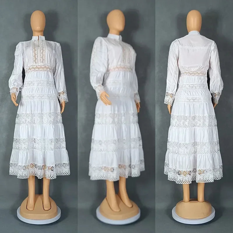 Amay Elegant Dress Women for Wedding Party Spring Autumn African Long Sleeve Polyester Lace Long Dress Dashiki African Clothes