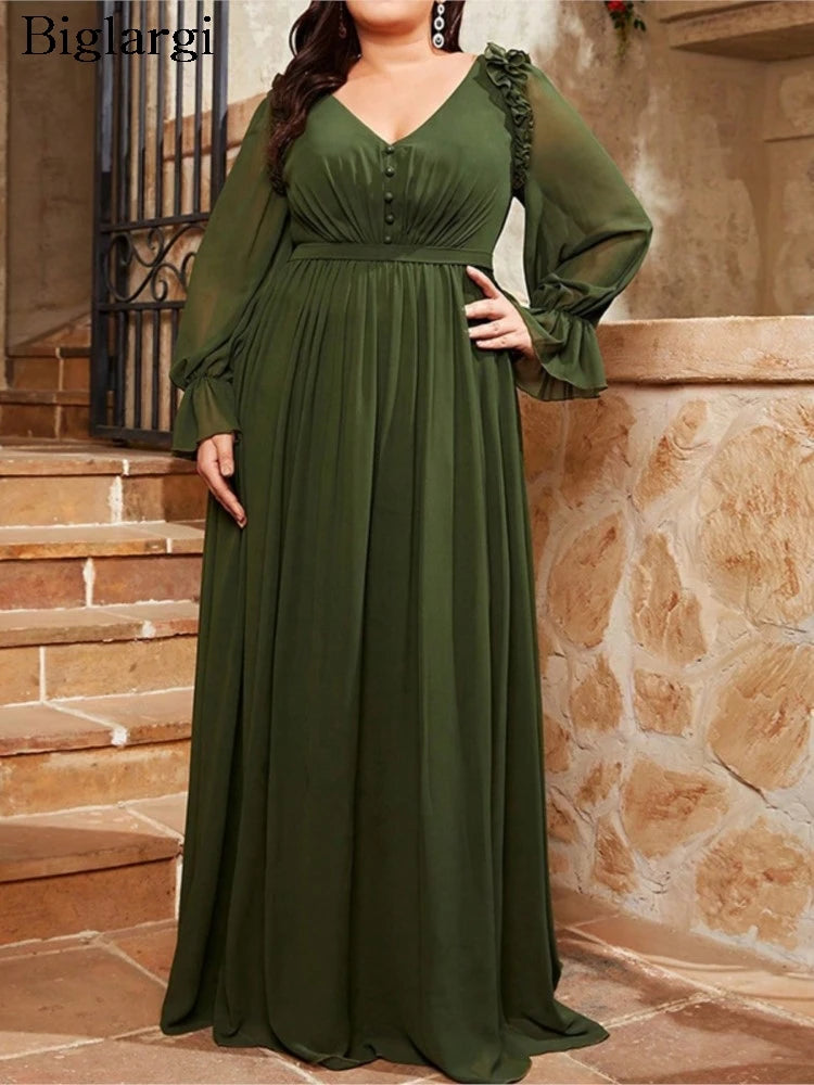 Maxy Plus Size Autumn V-Neck Long Dress Women Ruffle Pleated Fashion Loose Ladies Dresses Long Sleeve See Through Woman Dress