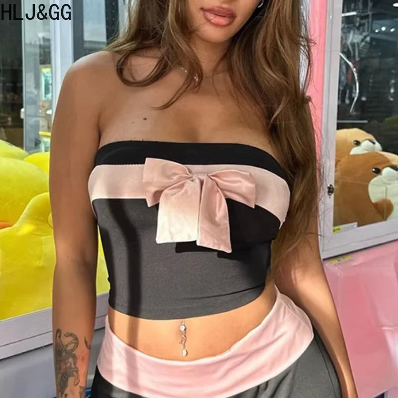 Maxy HLJ&GG Y2K Pink Fashion Bow Design Two Piece Sets For Women Sleeveless Backless Slim Tube + Mini Skirts Outfits Female Clothing