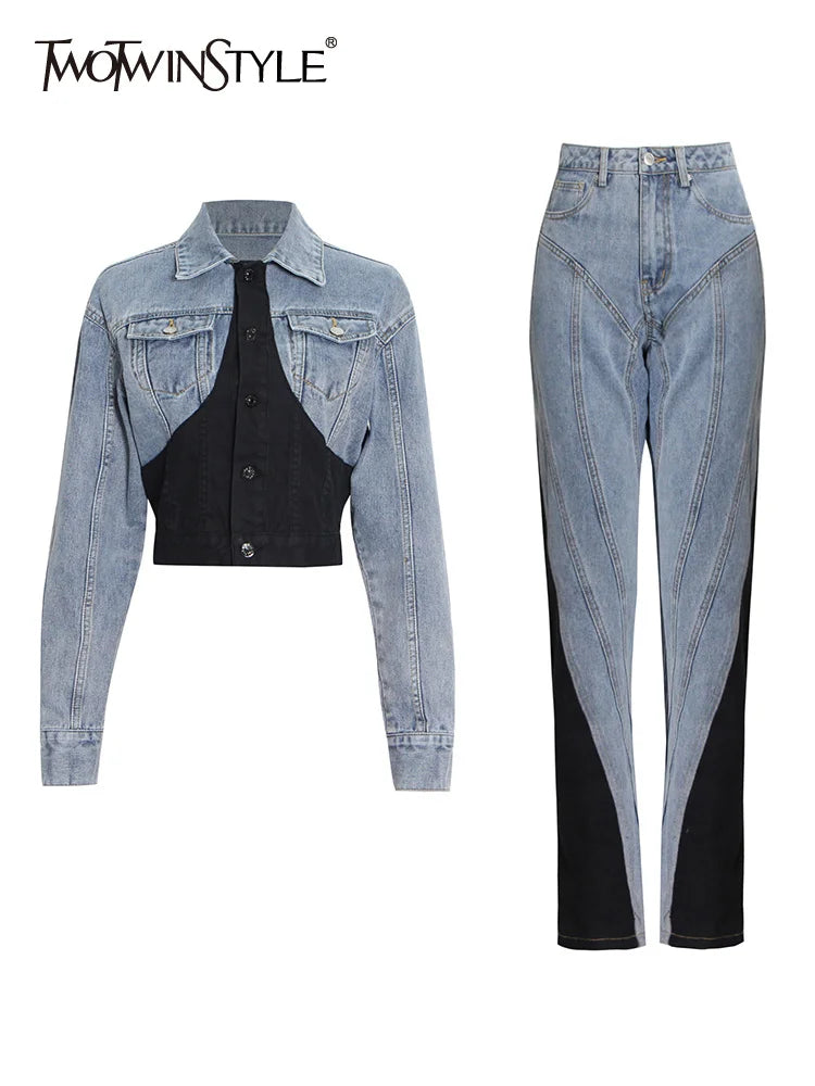 TWOTWINSTYLE Hit Color Patchwork Denim Two Piece Sets Women Long Sleeve Coat Jacket Female High Waist Pencil Pants Jeans 2022