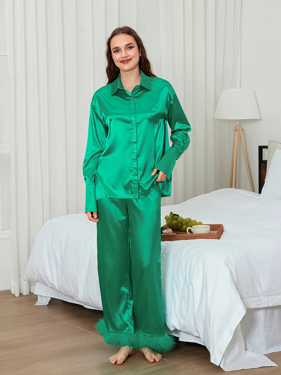 Women 2 Piece Pajamas Set Button Long Sleeves Shirt and Feather Cuff Elastic Pants for Loungewear Soft Sleepwear