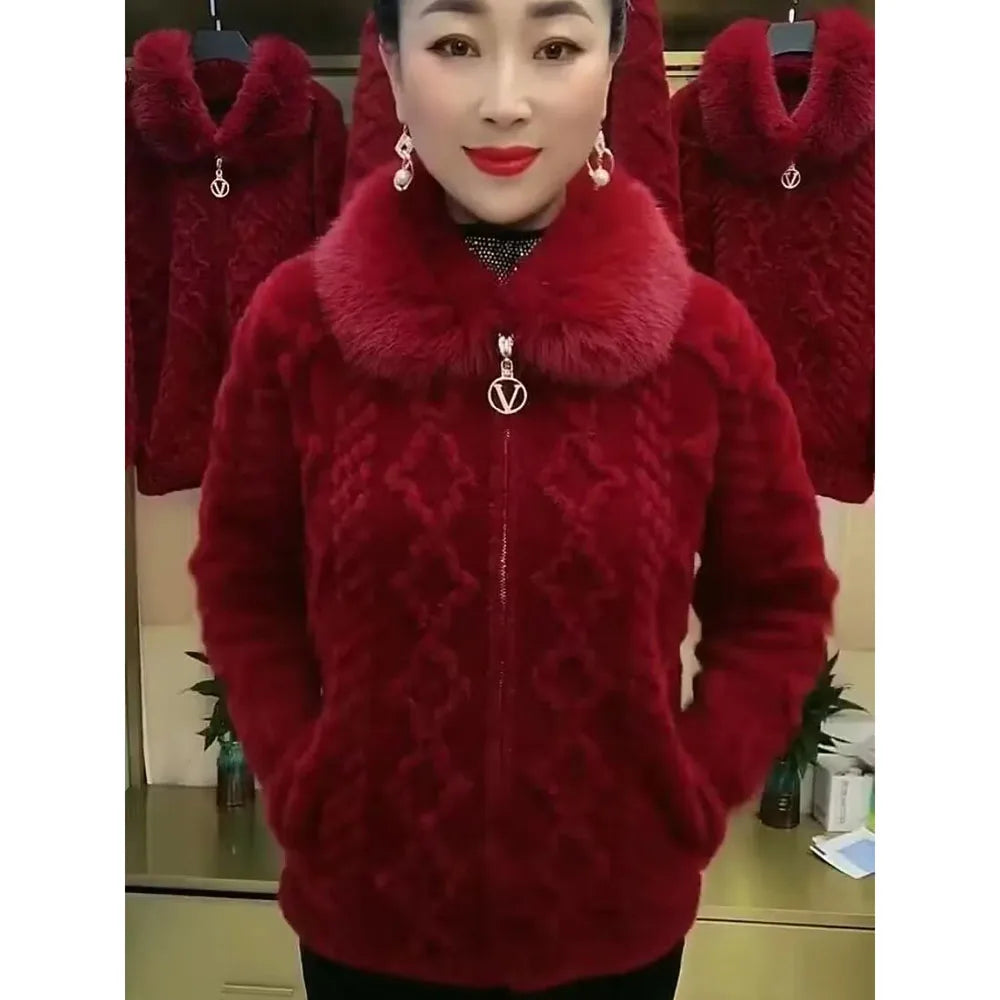 Maxy Mother Winter Jacket Thicken Imitation Mink Velvet Woolen Coat Fashion Fur Collar Large Size Zipper Knitted Cardigan Sweater 5XL