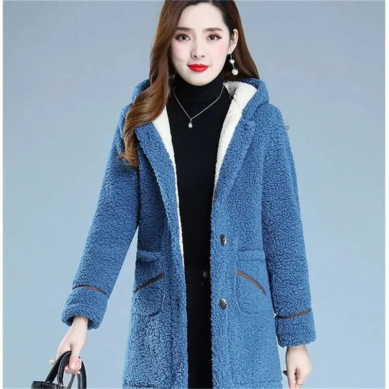 Maxy Mother Winter Warm Coat New Fashion Middle-Aged Women's Autumn Thick Velvet Jacket Thick Hooded Padded Jacket Female Button