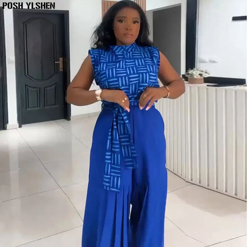 Maxy Pleated Pants Two Piece Set Clothes for Women African Dresses Vacation Outfits Summer Dashiki Ankara Turkey Suit Plus Size