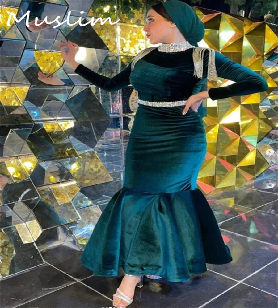 Maxy Exquisite Green Turkey Evening Dress Crystal Tassel Mermaid Midi Prom Dress Velvet Birthday Gown Fiesta Customized