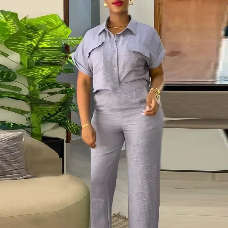 Maxy Fashion Vintage Women's Set Short Sleeve Shirt and Wide Leg Pants Spring Street Two 2 Piece Sets Outfit Tracksuit
