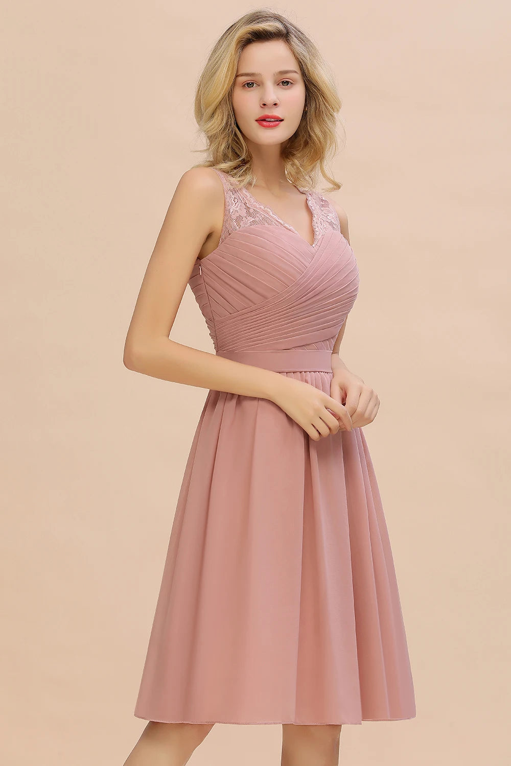 Maxy Hot Sale Chiffon Lace Bridesmaid Dresses Pleat V Neck Short Formal Wedding Evening Party Prom Gown For Bride Cocktail Vestidos